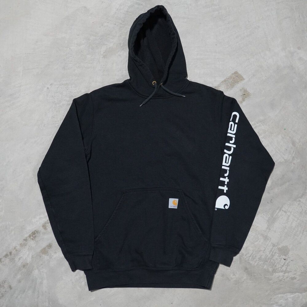 Carhartt Loose Fit Hoodie Mens S Black Sleeve Logo Pullover Sweatshirt Workwear